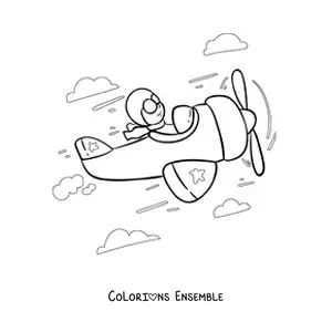 Image à colorier d'un pilote d'avion en vol avec des nuages au fond