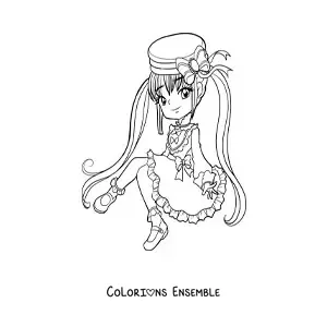 Image à colorier d'une fille anime chibi avec un chapeau et une robe