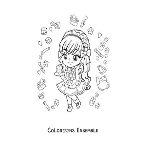Image à colorier d'une fille anime chibi avec un cupcake