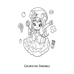 Image à colorier d'une fille anime chibi cuisinière