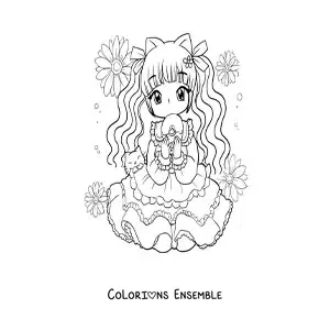 Image à colorier d'une fille anime chibi avec un chaton et un cupcake