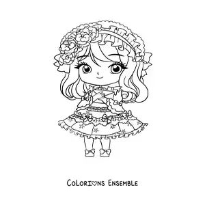 Image à colorier d'une fille anime chibi avec une robe et une lettre