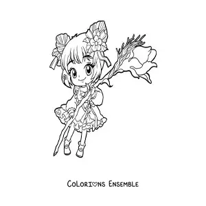 Image à colorier d'une petite fille anime chibi avec une rose