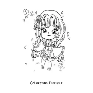 Image à colorier d'une fille anime chibi avec une robe japonaise