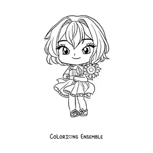 Image à colorier d'une fille anime chibi avec une jolie robe et une fleur à la main
