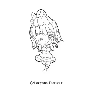 Image à colorier d'une fille chibi avec une robe en forme de dessert à la fraise