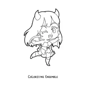 Image à colorier d'une fille chibi en costume de démon d'Halloween
