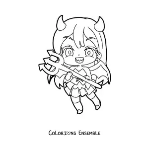 Image à colorier d'une fille chibi en costume de diable avec un trident