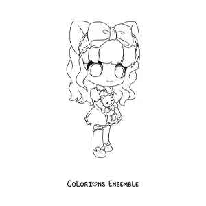 Image à colorier d'une fille chibi avec des oreilles de neko et un ourson en peluche