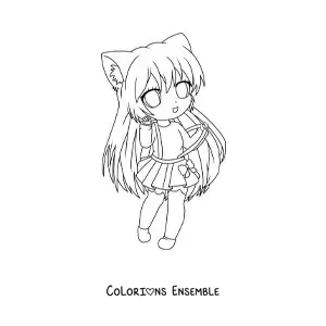Image à colorier d'une fille chibi avec des oreilles de neko et une jupe