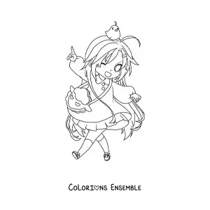 Coloriage d'une fille chibi avec une jolie robe et un poussin