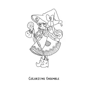 Coloriage d'une fille chibi déguisée en sorcière pour Halloween