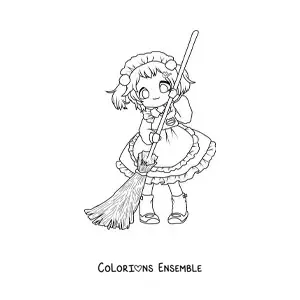 Coloriage d'une fille chibi en train de balayer