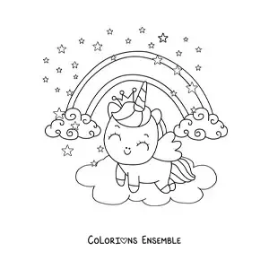 Coloriage d'une licorne kawaii avec un arc-en-ciel