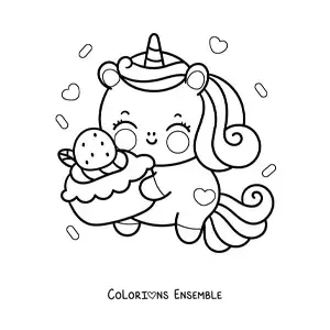 Coloriage d'une licorne kawaii avec un gâteau à la fraise