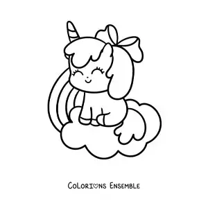 Coloriage d'une licorne kawaii assise sur un nuage avec un arc-en-ciel