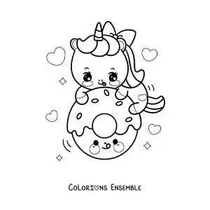 Coloriage d'une licorne kawaii avec un donut