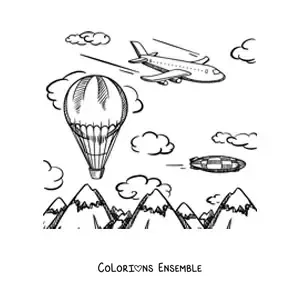 Image à colorier d'un avion qui vole avec une montgolfière et des montagnes au fond
