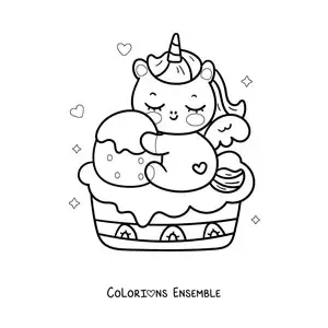 Coloriage d'une licorne kawaii assise sur un gâteau à la fraise