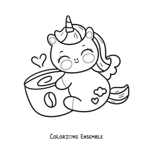 Coloriage d'une licorne kawaii avec une tasse de café