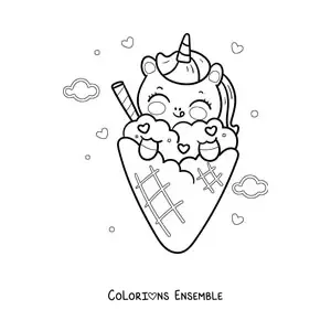 Coloriage d'une licorne kawaii avec un cornet de glace