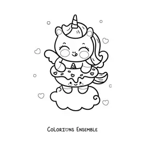 Coloriage d'une licorne kawaii avec un donut licorne
