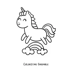 Coloriage d'une licorne kawaii sautant par-dessus un arc-en-ciel
