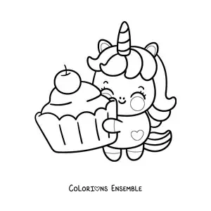 Coloriage d'une licorne kawaii avec un cupcake géant