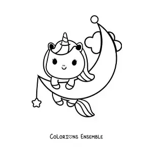Coloriage d'une licorne kawaii sur la lune