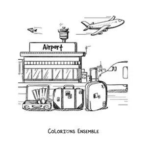 Image à colorier d'un aéroport avec des valises et un avion qui vole