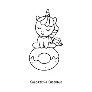 Coloriage d'une licorne kawaii assise sur un donut