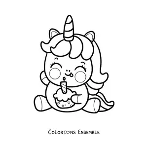 Coloriage d'une licorne mignonne avec un cupcake d'anniversaire