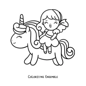 Coloriage d'une fille kawaii à dos d'une licorne mignonne