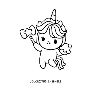 Coloriage d'une licorne mignonne avec un cupcake et une baguette magique