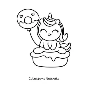 Coloriage d'une licorne mignonne sur un gâteau avec un ballon en forme de donut