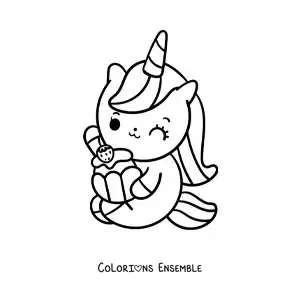 Coloriage d'une licorne mignonne assise en train de manger un cupcake