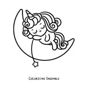 Coloriage d'une licorne mignonne qui dort sur la lune