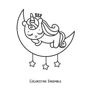 Coloriage d'un bébé licorne kawaii qui dort sur la lune