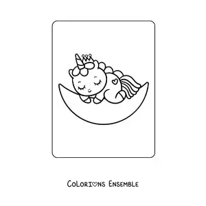 Coloriage facile d'un bébé licorne kawaii qui dort sur la lune