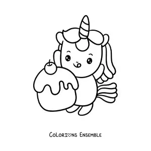 Coloriage facile d'une licorne kawaii avec un grand cupcake