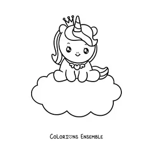 Coloriage d'une princesse licorne sur un nuage