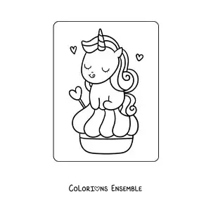 Coloriage d'une licorne kawaii avec un bonbon géant