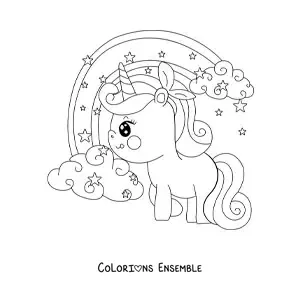 Coloriage d'une licorne kawaii aux grands yeux à côté d'un arc-en-ciel