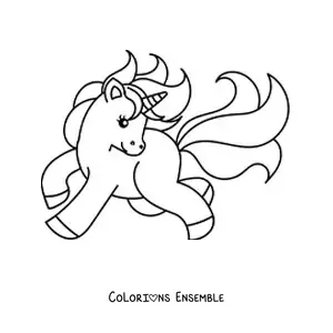 Coloriage d'une licorne kawaii au galop