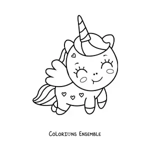 Coloriage facile d'une licorne kawaii avec des ailes