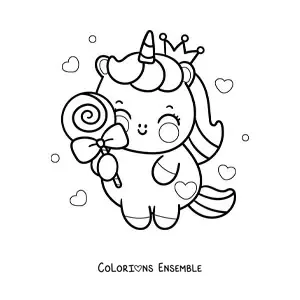 Coloriage d'une licorne kawaii avec un bonbon et des cœurs