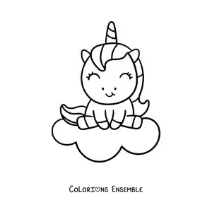 Coloriage d'une licorne kawaii assise sur un nuage