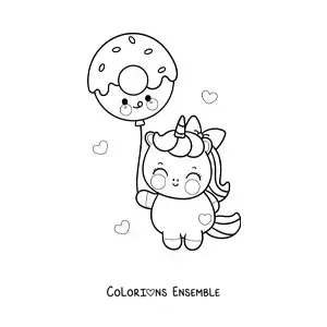 Coloriage d'une licorne kawaii avec un ballon en forme de donut