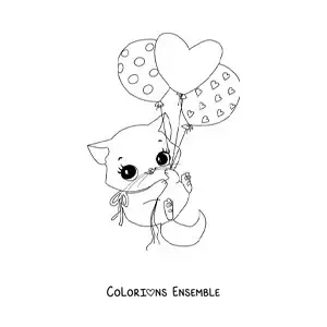 Coloriage d'un chat kawaii avec des ballons en forme de cœur