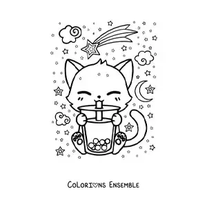 Coloriage d'un chat kawaii qui boit un thé boba